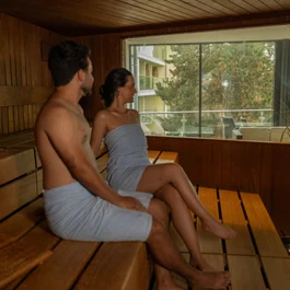 Zwei Personen entspannen gemeinsam in einer hölzernen Sauna mit Blick nach draußen