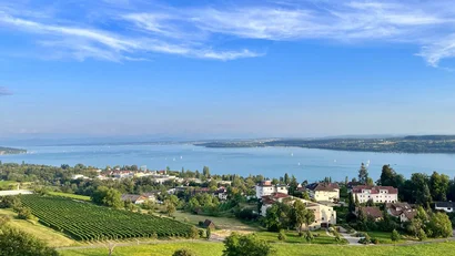 Blick auf Dorf, grüne Felder und See unter blauem Himmel mit Wolken