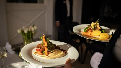 Zwei Teller mit Gourmetgericht werden von Kellner serviert